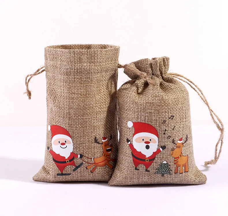 Christmas Linen Bags Burlap Goody Gift Bags with Drawstrings Christmas Pouch Accept Customized Logo Cotton Environment Friendly