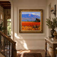 Pintura al Óleo Original Vintage Impresionista de Paisaje, Montaña Azul y Campo Rojo, con Marco de Madera, Arte de Pared para Hotel, Villa, Sala de Estar