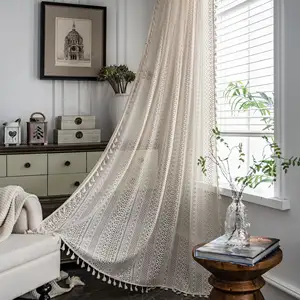 Tela de algodón Bohemia con borlas para sala de estar y dormitorio, cenefa elegante de lujo, permeable a la luz, ahuecada, venta al por mayor