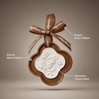 Diffuseur Parfum Auto Pendentif Voiture Plâtre Relief Trèfle Cadre Noyer Massif Ruban Soie Cadeau