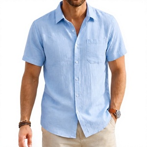 Chemises décontractées à manches courtes pour hommes en lin français 100 %, boutonnées, unies, 140g, mode estivale, avec poche – Vente en gros - Product Image 6