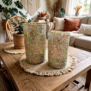 Handmade Round <b>Glass</b> <b>Candlestick</b> <b>Holder</b> with Lid Heat Resistant High Quality Mosaic Lantern for Home Christmas Decor - Product Image 1
