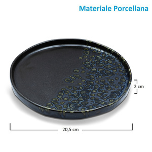 Ensemble de 6 assiettes profondes en porcelaine noire avec détails bleus et dorés, diamètre 18 cm, bord de 4,5 cm, idéal pour les soupes - Product Image 2