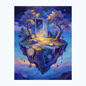 Dipinto a Olio Surrealista Paesaggio Onirico, Isola Fluttuante con Porta e Orologi, <span class=keywords><strong>Arte</strong></span> Murale per Arredamento Moderno - Product Image 5