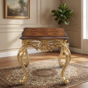 Traditional Antique Solid Wood Coffee <b>Table</b> with <b>Gold</b> Carved Legs and Inlaid Top for Living Room - Product Image 4