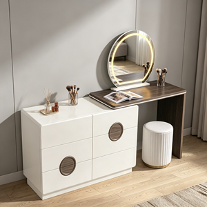 Tocador de maquillaje moderno blanco con espejo LED redondo, gabinete de almacenamiento y taburete para dormitorio. - Product Image 1