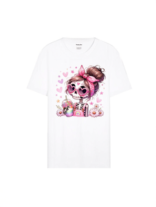 T-shirt da donna Rakutenche con stampa teschio e fiocco rosa, a maniche corte, girocollo, casual, traspirante, per tutte le stagioni, ideale per San Valentino - Product Image 1