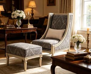 Sillón y Otomana de Lujo en Gris Paisley Francés, Sillón Tapizado para Sala de Estar con Estructura Dorada Champán - Product Image 4
