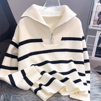 Pull rayé à fermeture éclair épais pour femmes, automne-hiver 2025 |   Haut de base court pour sous-vêtements |   Pulls pour femmes Hauts pour femmes