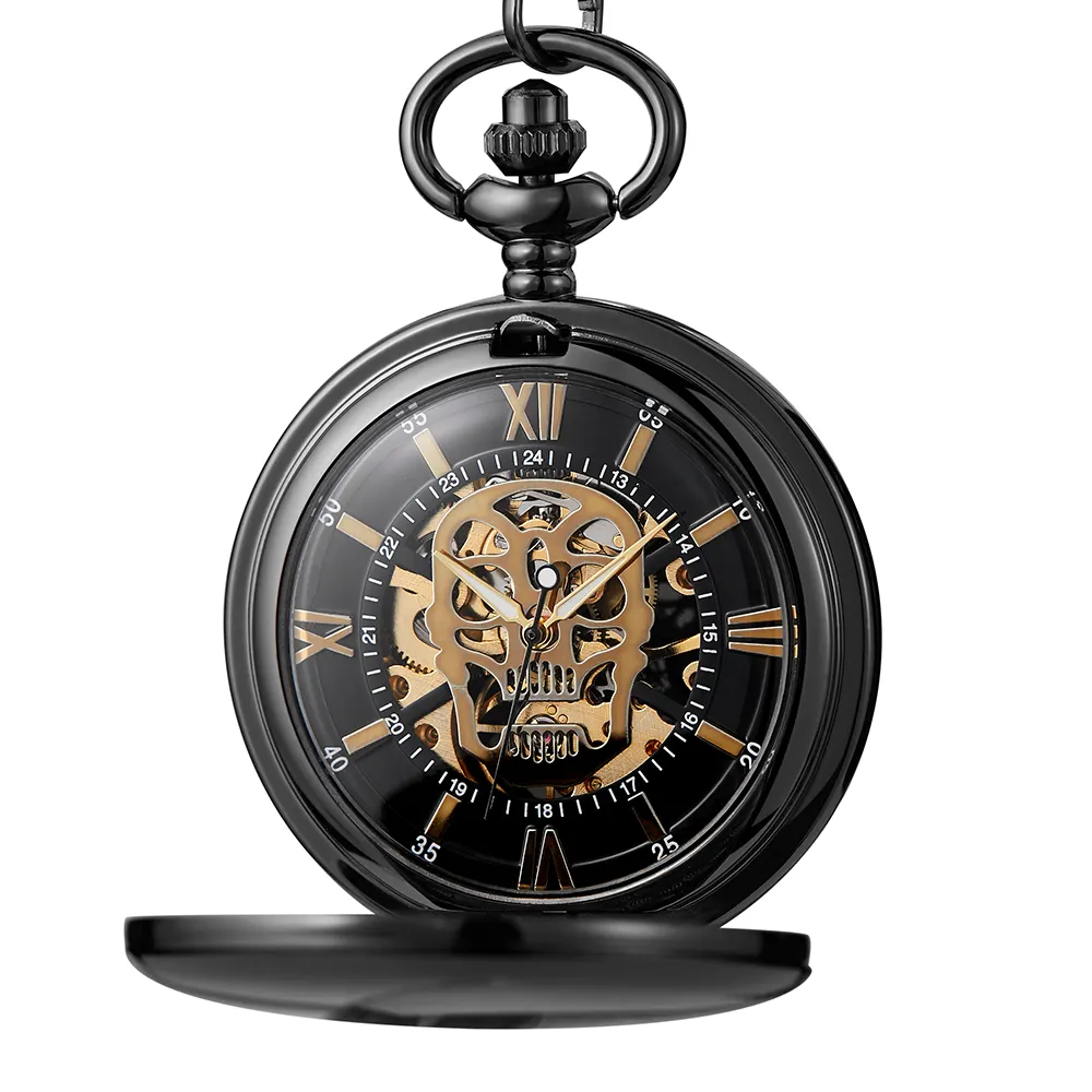 Retro Skull Pocket Watch Mechanical Hand Winding Steampunk Skeleton Watch Fob Chain Necklace Pendants Roman Numerals Dial Clock