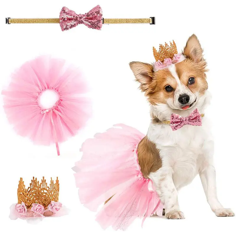 Hot Selling Sequin Rose Gold Pet Birthday Party Decoration Bowknot Crown Princess Skirt Set Adjustable Bow Tie Dog Collar