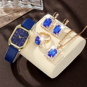 Fashion Square <b>Case</b> Ladies Quartz Watch, Luxury Leather Strap Wristwatch, 5-in-1 Exquisite Jewelry Watch Set - Product Image 1