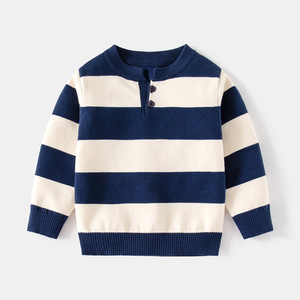 <span class=keywords><strong>Pull</strong></span> fin en maille à rayures coréennes pour garçons, style décontracté, col semi-ouvert boutonné, idéal printemps-automne - Product Image 3