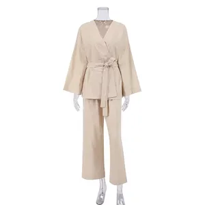 Autunno <span class=keywords><strong>donna</strong></span> pigiama a maniche lunghe alla moda Casual abito di lino di cotone con modello solido vendita caldo vestiti per la <span class=keywords><strong>casa</strong></span> - Product Image 2