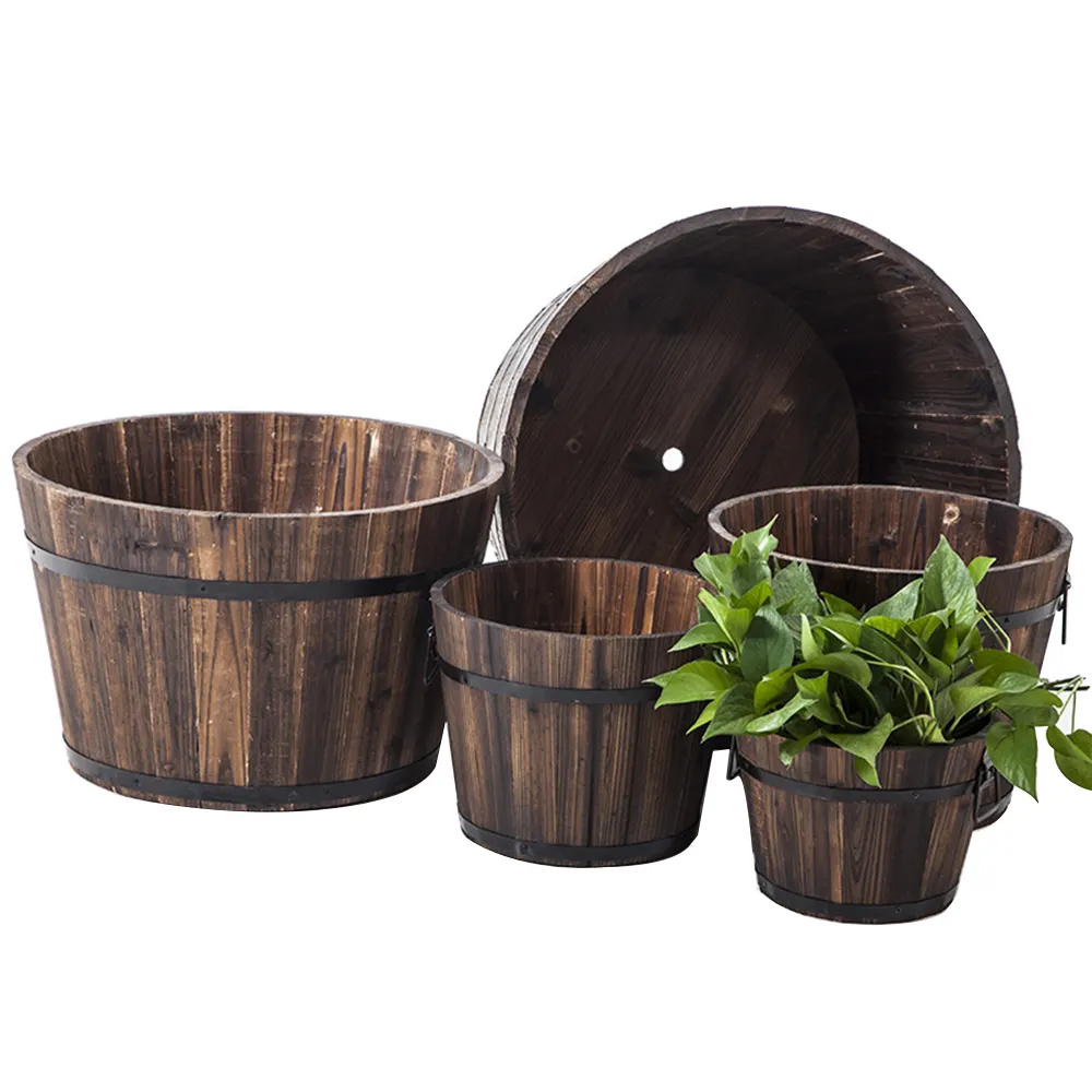 Barril de madeira rústica, pote redondo de flor, cano de plantio, varanda, plantador, caixa de vaso de madeira, barril decorativo de madeira