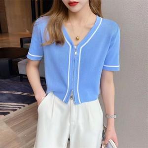 2025 New Women's Striped V-Neck <b>Cardigan</b> Double Zipper Breathable Casual Summer Sweater - Product Image 3