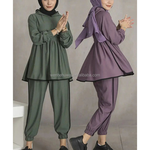 Tùy Chỉnh Hai Mảnh Thiết Lập Hồi Giáo Nữ Màu Rắn Áo Và Quần Bộ Hồi Giáo Co ORD Bộ - Product Image 1