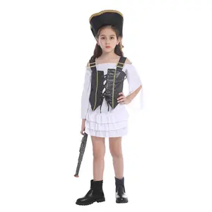 Kid của cô gái cướp biển Halloween cosplay trang phục với trang phục vest và mũ cho 3-12 tuổi mặc cướp biển váy