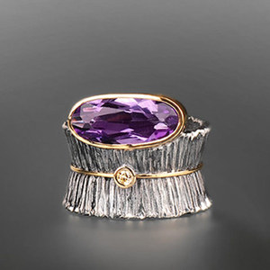 Elegante anillo de piedra púrpura de dos tonos para mujer, joyería de moda estilo oficina - Product Image 1