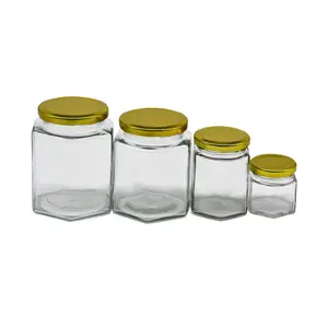 工厂OEM库存批发透明食品仓库密封螺丝盖玻璃六角蜂蜜罐