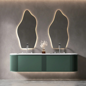 Meuble-lavabo de salle de bain moderne en bois avec vasque en céramique Armoire à miroir étanche à LED et <span class=keywords><strong>placard</strong></span> pour appartement et hôtel - Product Image 1
