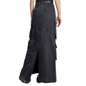 Y2K Revival Custom <span class=keywords><strong>Falda</strong></span> de mezclilla <span class=keywords><strong>negra</strong></span> extra larga para mujer-Estilo punk grunge con detalles desgastados y bolsillos utilitarios - Product Image 5