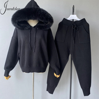 Ensemble 2 pièces personnalisé Jxwatcher : Pull en laine tricoté avec col en vraie fourrure de renard, pantalon long et sweat à capuche en laine pour femme