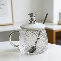 Mug à café en verre martelé de 400 ml avec poignée et couvercle en forme d'ours, design élégant, tasse en verre en forme d'ours avec cuillère