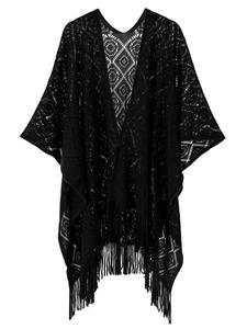 Hollow Out Knitted Tassel <b>Poncho</b> Shawl for Women Nordic Minimalist Open Front <b>Cape</b> Wrap Breathable Cover Up Casual Daily Shawl - Product Image 6