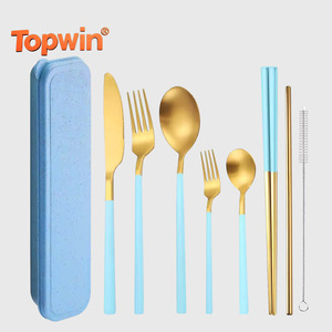 Customizable Logo/Box <b>Knife</b> Spoon Fork and Straw Stainless Steel Sustainable Dishwasher <b>Safe</b> Travel Cutlery Set with Case - Product Image 1