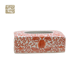 Boîte à mouchoirs en céramique, boîte de mouchoirs fantaisies en porcelaine à fleurs rouges - Product Image 1