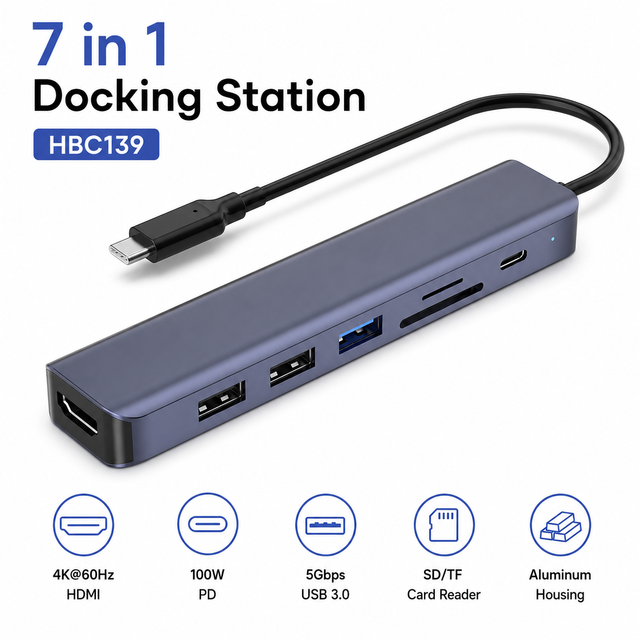 7-in-1 USB-C Docking Station with 4K+60Hz for 100W PD 3x USB SD/TF Card Reader Aluminum Housing in Stock