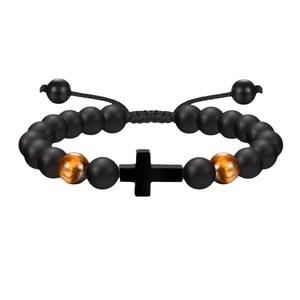 Pulsera de piedra de ojo de tigre para hombre KOMI, pulsera cruzada ajustable de cuerda tejida a mano - Product Image 1
