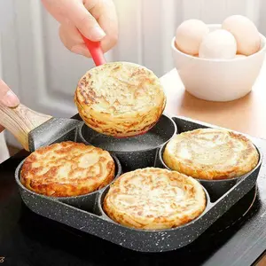 Padella antiaderente a 4 fori-perfetta per uova, pancake, hamburger e altro-manico in legno e fornello a induzione compatibile