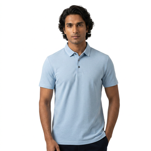 Polo de Piqué de Algodón Azul Claro de Manga Corta para Hombre, Corte Regular, Diseño Casual con Botones, Color Sólido, Tejido Transpirable - Product Image 1