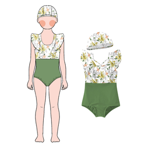 Venta al por mayor de trajes de baño de 2 piezas de tela de verano personalizados para niños niñas traje de baño de una pieza <span class=keywords><strong>y</strong></span> gorro de baño conjunto combinado para niños natación - Product Image 4
