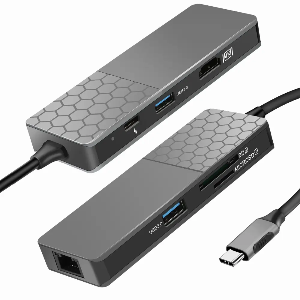 Hub USB multifonctionnel de type c 7 en 1 USB C vers Gigabit Ethernet RJ45 Hub Adaptateur multiport avec emplacements pour cartes SD/TF