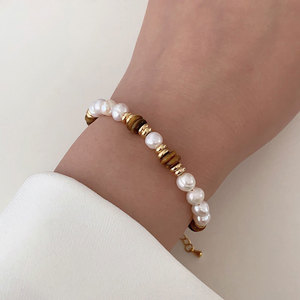 High Quality 316L Stainless Steel 14k 18k Gold Plated Fashion <b>Bracelets</b> & Bangles Tiger Eye And Pearl <b>Beaded</b> <b>Bracelet</b> for Women - Product Image 2