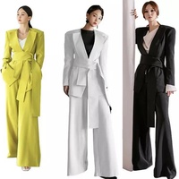 Yüksek sınıf büyük yaka Chic Blazer takım gevşek bacak pantolon ile tarz yastıklı omuz resmi kıyafet ceket ile bel kemeri