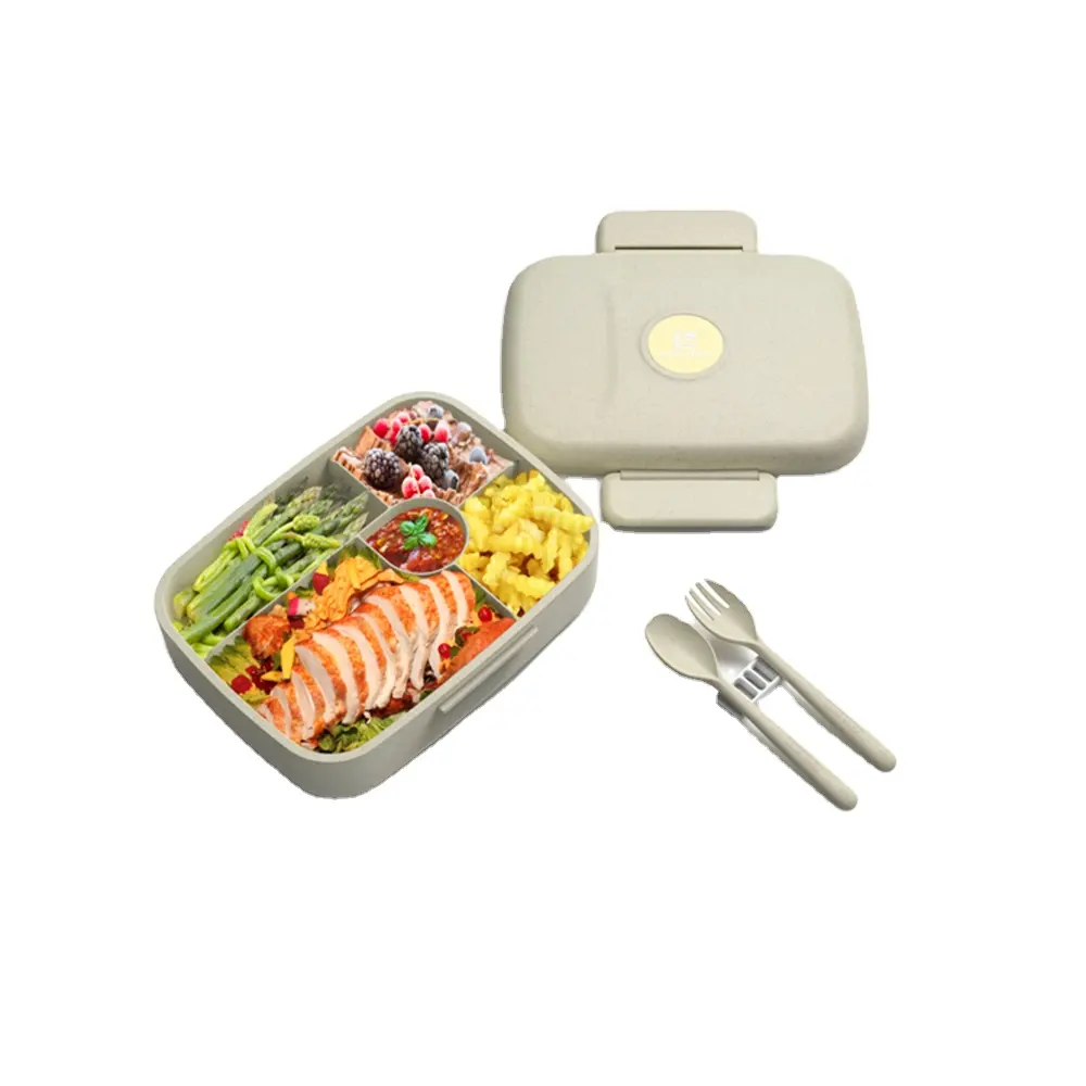 Fiambrera Bento para niños de 5 compartimentos personalizable, venta al por mayor de fábrica, caja de paja de trigo hermética con estampado de tapa y utensilios