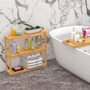 Étagère de salle de bain en bambou JQ étagère de rangement murale à 3 niveaux couche réglable multifonctionnelle debout libre <span class=keywords><strong>sur</strong></span> les étagères de toilette - Product Image 4