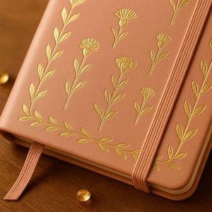 Coral <b>Pink</b> Flower 160gsm PU Leather Journal Gold Foil Hardcover A5 <b>Notebook</b> with Double Ribbon Gift Sewing Binding - Product Image 4