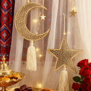 DAMAI Wholesale Eid Mubarak Decorations Wall <b>Hanging</b> Decoration <b>Star</b> Moon Hollow Wooden Ornaments with Tassel Pendant - Product Image 2