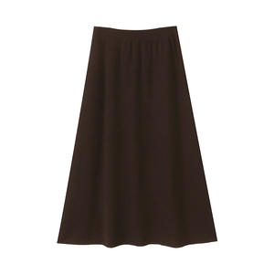 Falda Midi de Punto en Línea A Runqi, Talla Grande, Cintura Alta, Color Sólido Marrón Negro, Poliéster, Falda de Otoño Invierno para Mujer - Product Image 1