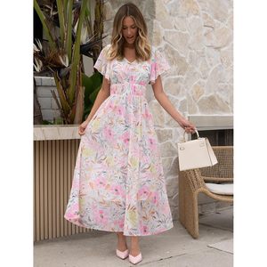 Vestido largo floral de verano para mujer, cuello en V, manga corta, de gasa, línea A, para dama de honor, invitada de boda en la playa - Product Image 3