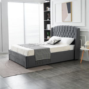 Cabecera de Diseño de Lujo con Botones y Respaldo Alto, Tapizada en Terciopelo Gris, Base de Cama Doble Queen Size con Cajón de Almacenamiento - Product Image 2