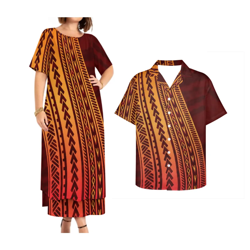 2023 New Arrival Large Size Long Maxi Two Piece Skirt Set Dresses Hawaiian Tropical Style Custom Puletasi And Men Shirt