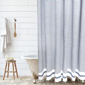 Elegant Catalina Modern Farmhouse Shower Curtain In White And Black Stripes With Chic White Tassels For Stylish Bathroom