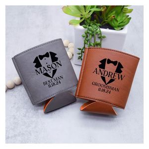 Porte-canettes en cuir PU pour garçons d'honneur, porte-boissons gravé, cadeau de mariage personnalisé - Product Image 1