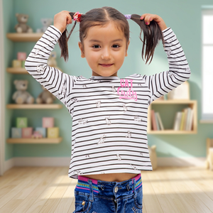 Striped Long Sleeve <b>T</b>-Shirt With <b>Cat</b> Print O-Neck Casual Top For Kids - Product Image 1